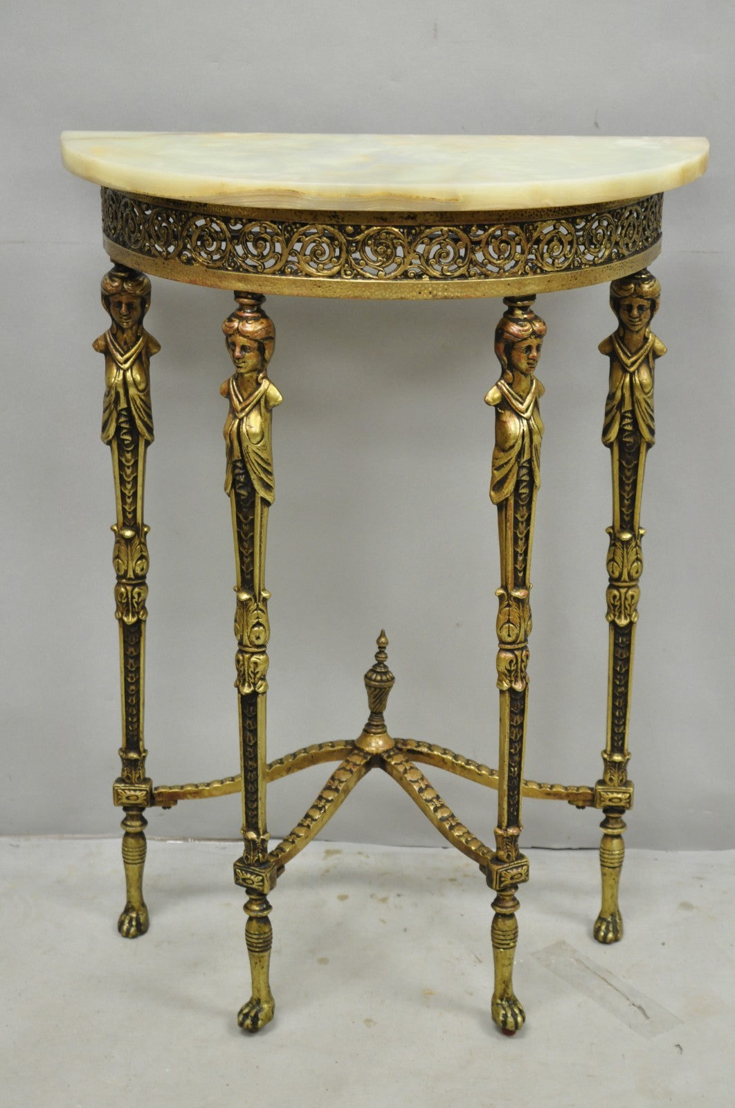 Antique Gothic Revival Oscar Bach Style Figural Bronze & Onyx Console Side Table