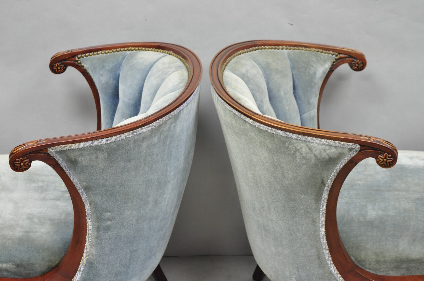 Vintage French Hollywood Regency Mahogany Saber Leg Parlor Lounge Chair - a Pair