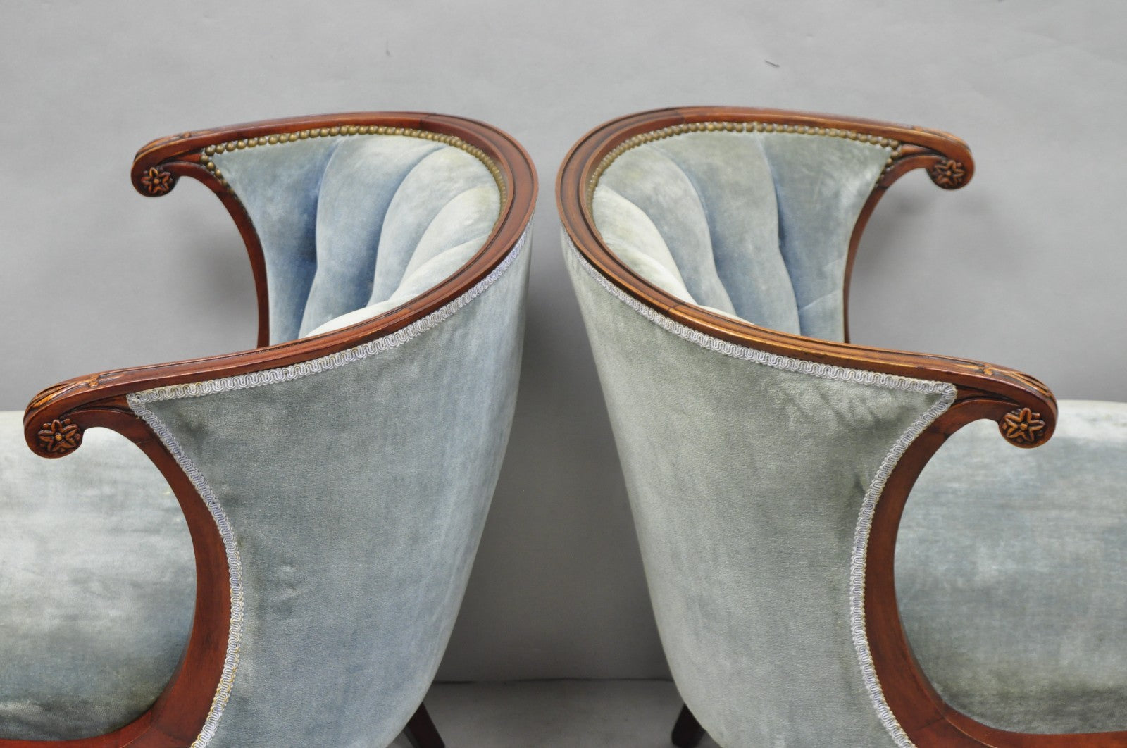 Vintage French Hollywood Regency Mahogany Saber Leg Parlor Lounge Chair - a Pair