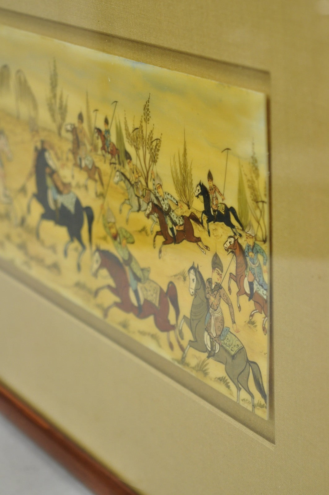 Vintage Persian Miniature Framed Hand Painted Polo Players & Horses on Bone