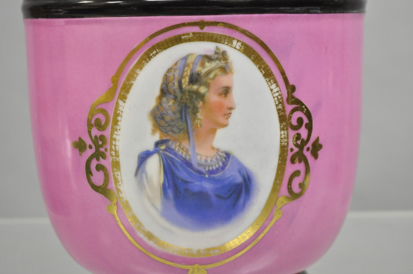 Antique French Porcelain Pink Hand Painted Portrait Cachepot Jardiniere Vase