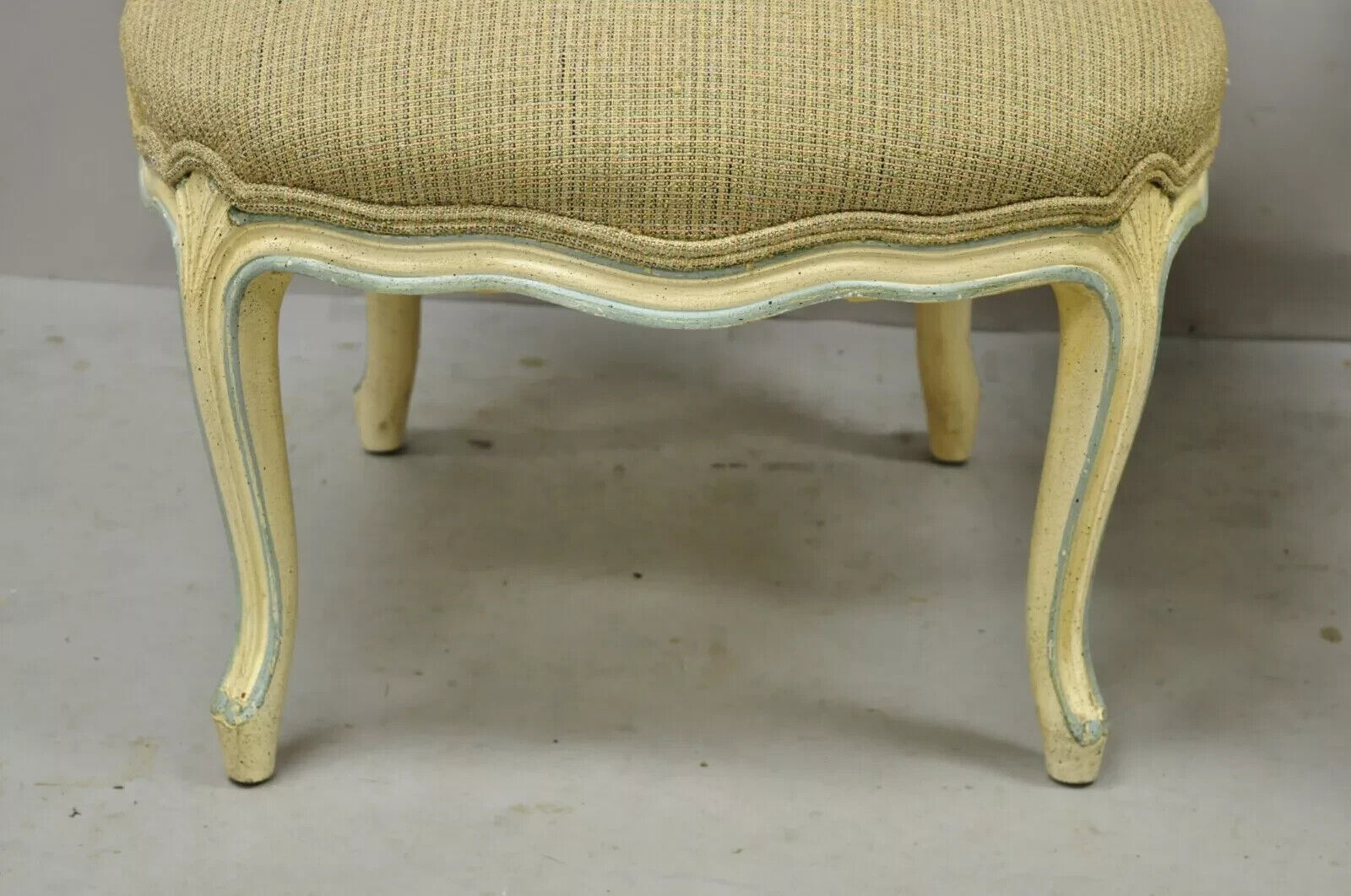 Vintage French Provincial Louis XV Cream Blue Boudoir Slipper Chairs - a Pair
