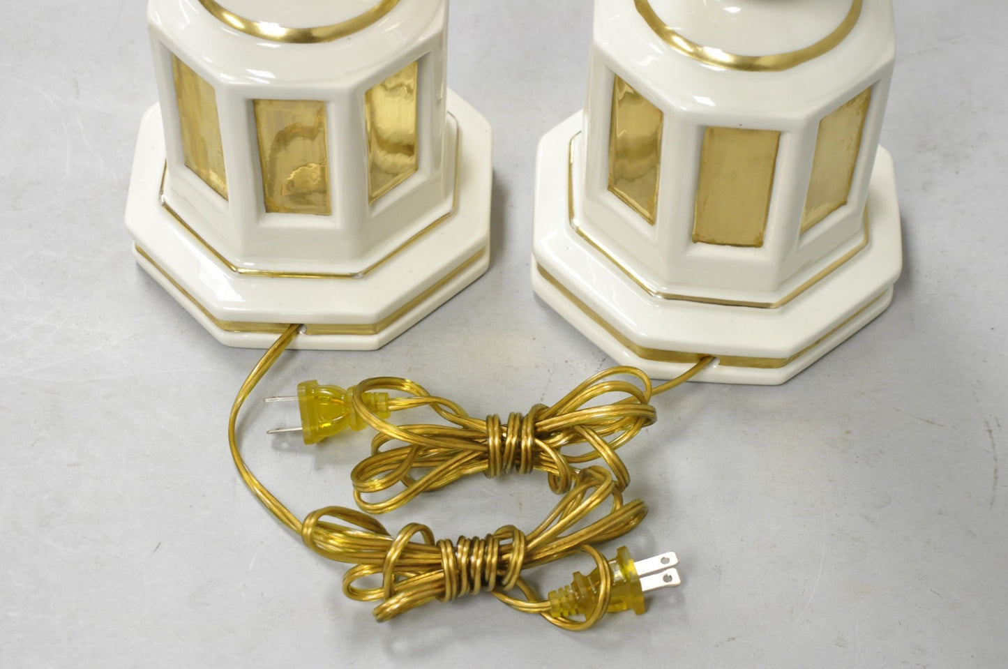 Vintage Italian Hollywood Regency Cream & Gold Porcelain Column Table Lamp, Pair