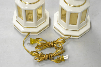Vintage Italian Hollywood Regency Cream & Gold Porcelain Column Table Lamp, Pair