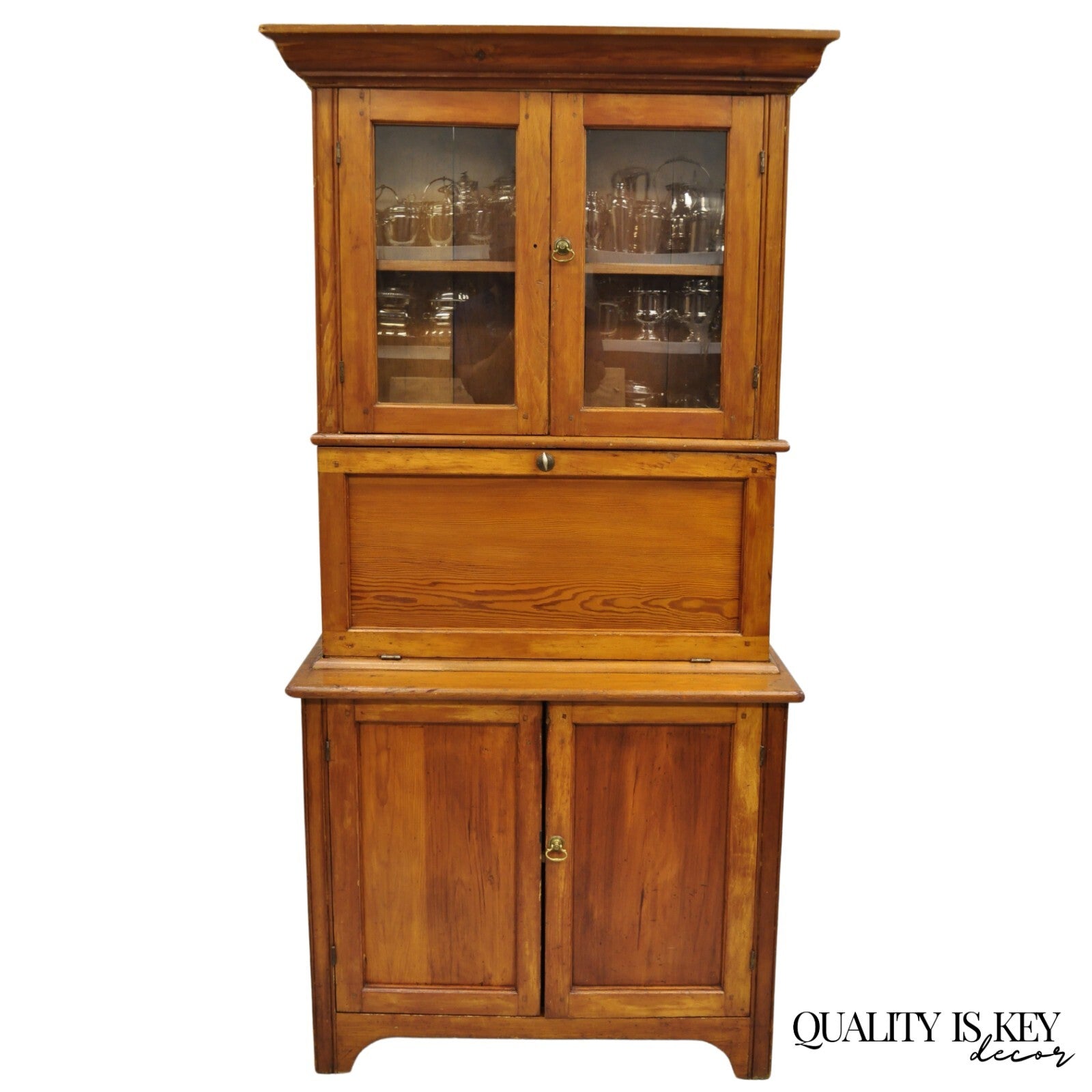 Antique Primitive Country Farmhouse Pine Wood Secretary Bookcase Cupboard