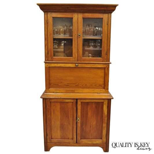 Antique Primitive Country Farmhouse Pine Wood Secretary Bookcase Cupboard