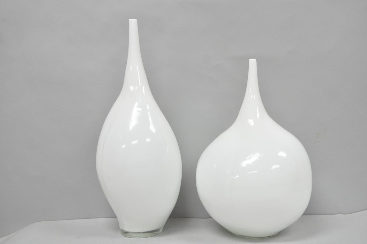 Decorative Modern White Bulbous Art Glass Vessel Vase by Lazy Susan - 2 Pc Set