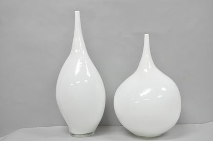 Decorative Modern White Bulbous Art Glass Vessel Vase by Lazy Susan - 2 Pc Set
