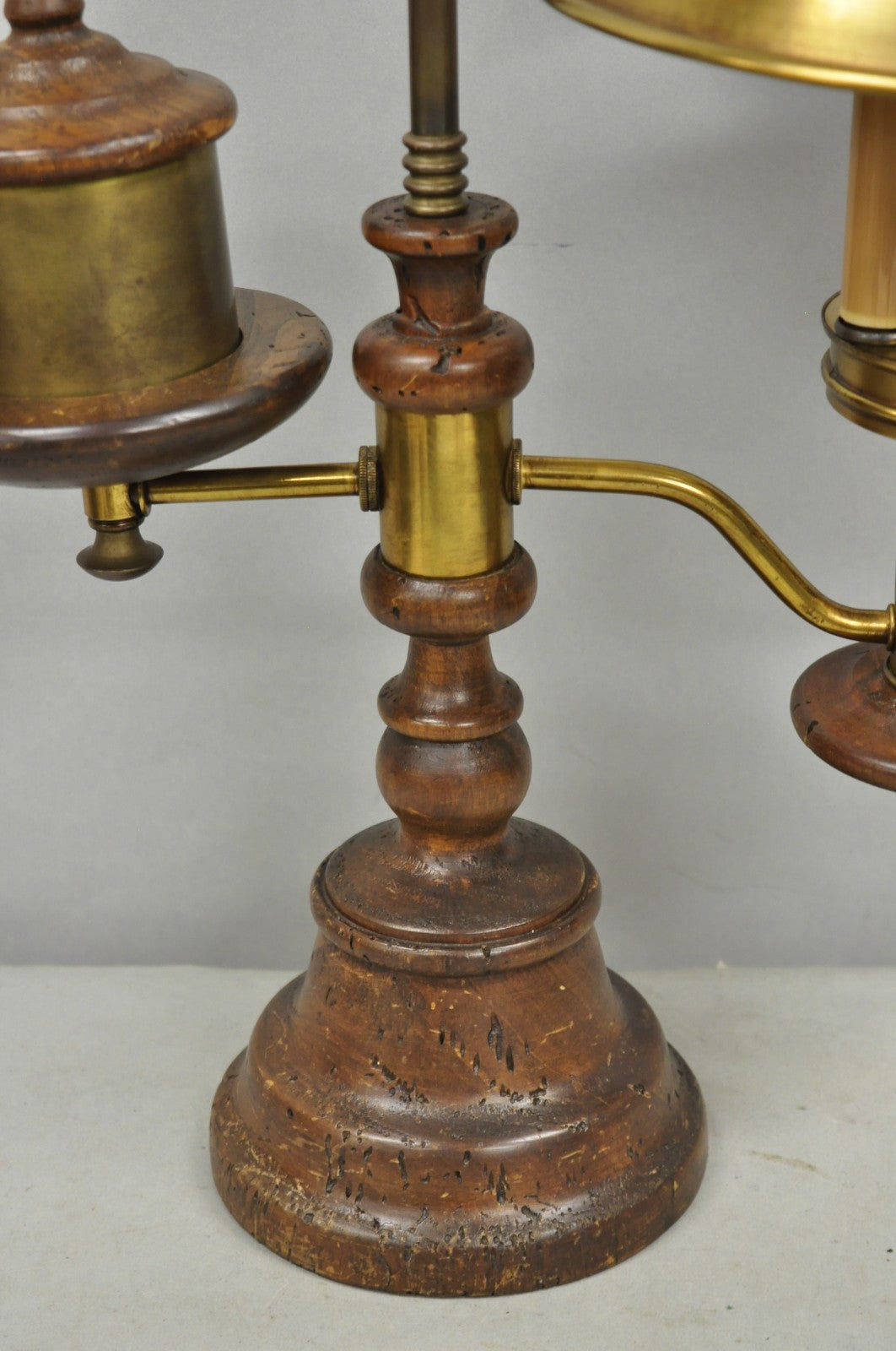 Vintage French Country Distressed Wood Brass Student Desk Lamp w/ Metal Shade