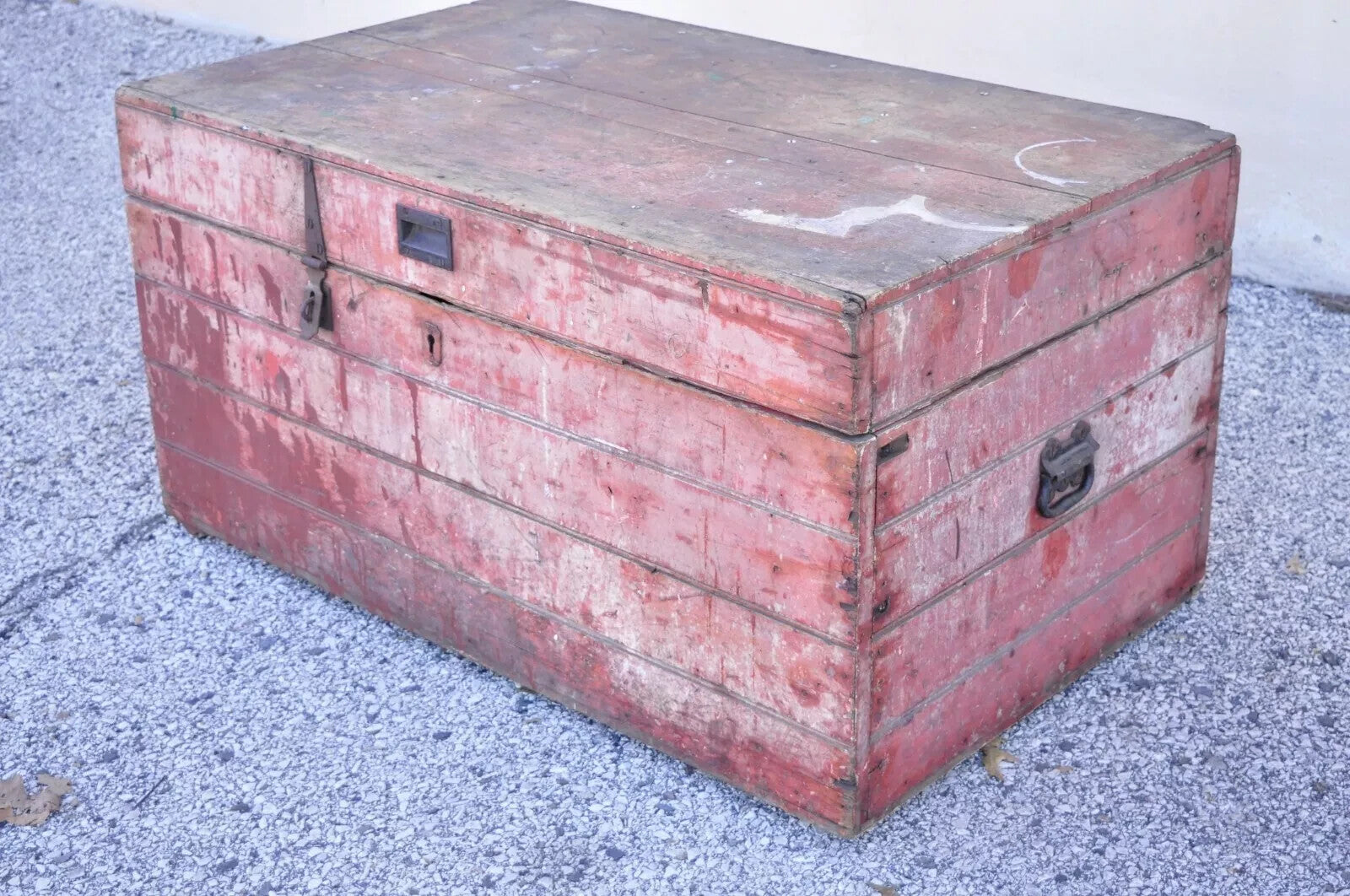 Antique Primitive Country Red Distress Painted Wood Treasure Blanket Chest Trunk
