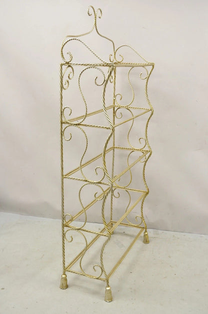 Italian Hollywood Regency Iron Rope Tassel Silver Gold 5 Tier Etagere Bookcase
