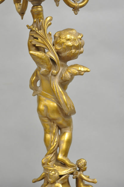 Vintage French Renaissance Louis XV Gold Cherub Candelabra Table Lamps - a Pair