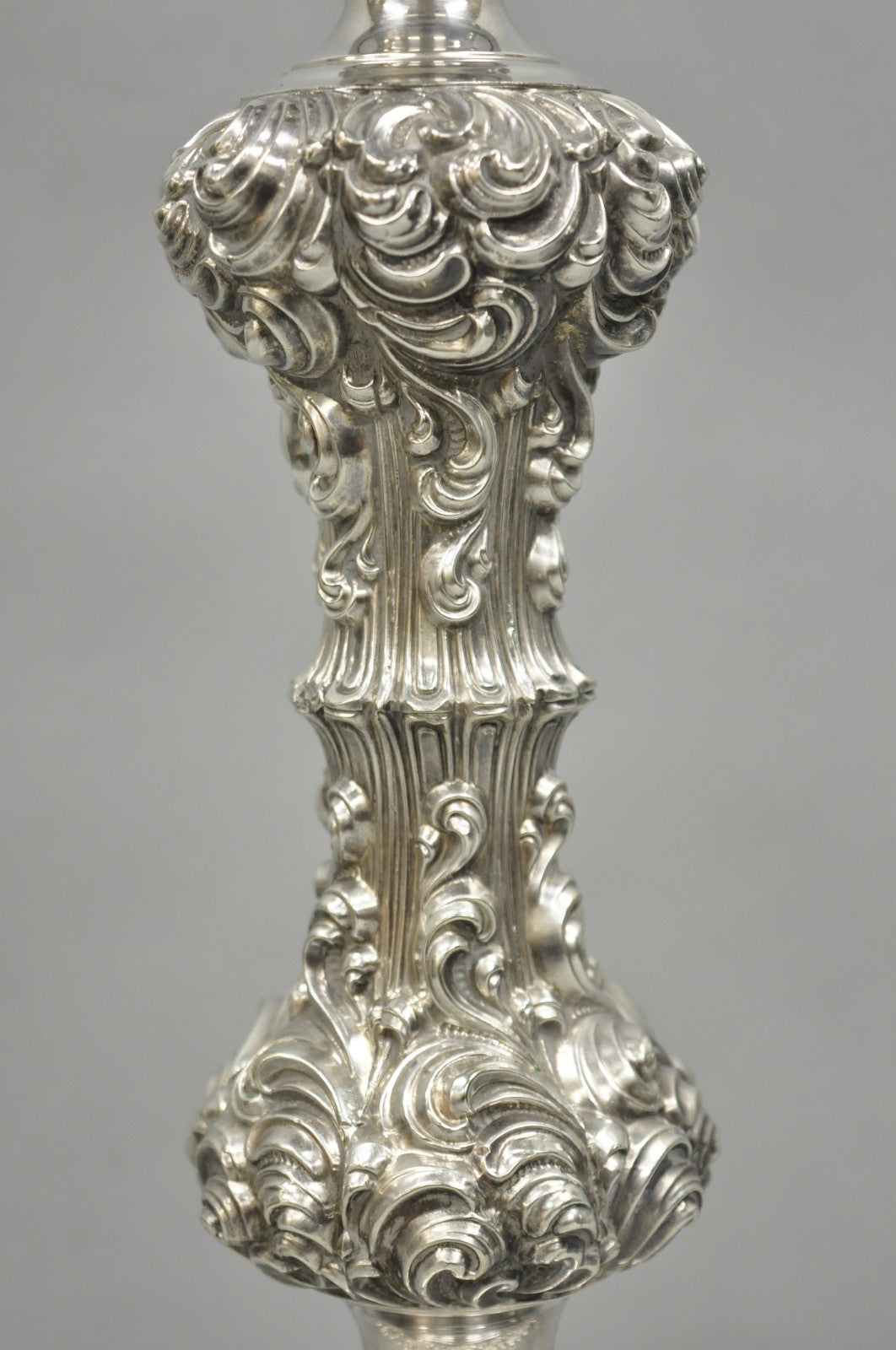 Antique English Victorian Silver Plated Scroll Repousse Candlestick Table Lamp