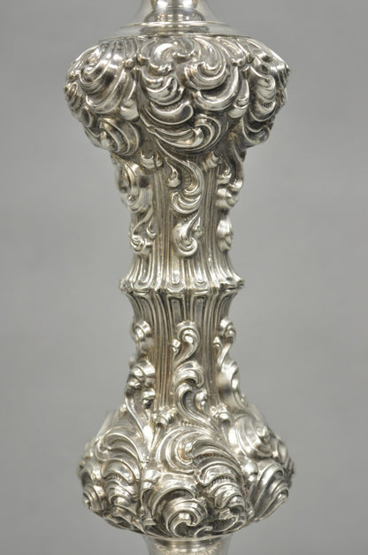 Antique English Victorian Silver Plated Scroll Repousse Candlestick Table Lamp