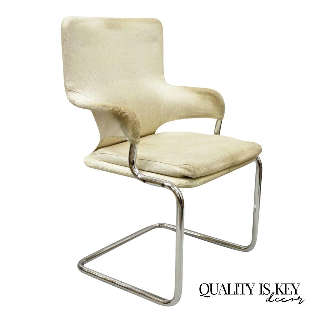 Vintage Mid Century Modern Tubular Chrome Arm Chair with Burlap Seat