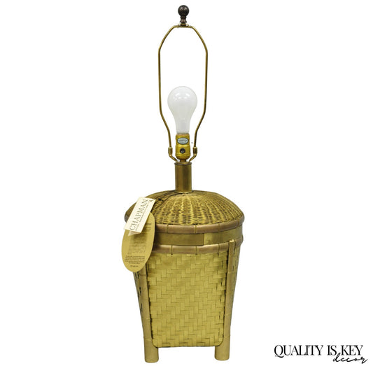Vintage Chapman Hollywood Regency English Style Brass Woven Basket Table Lamp