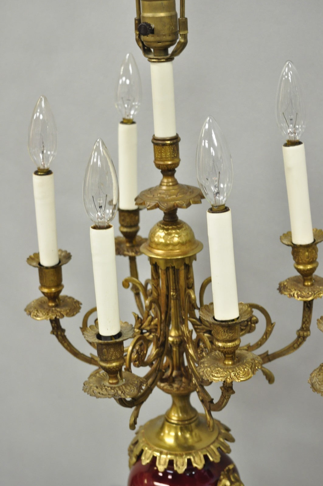 Vintage French Louis XV Style Red Porcelain Brass Candelabra Table Lamps - Pair