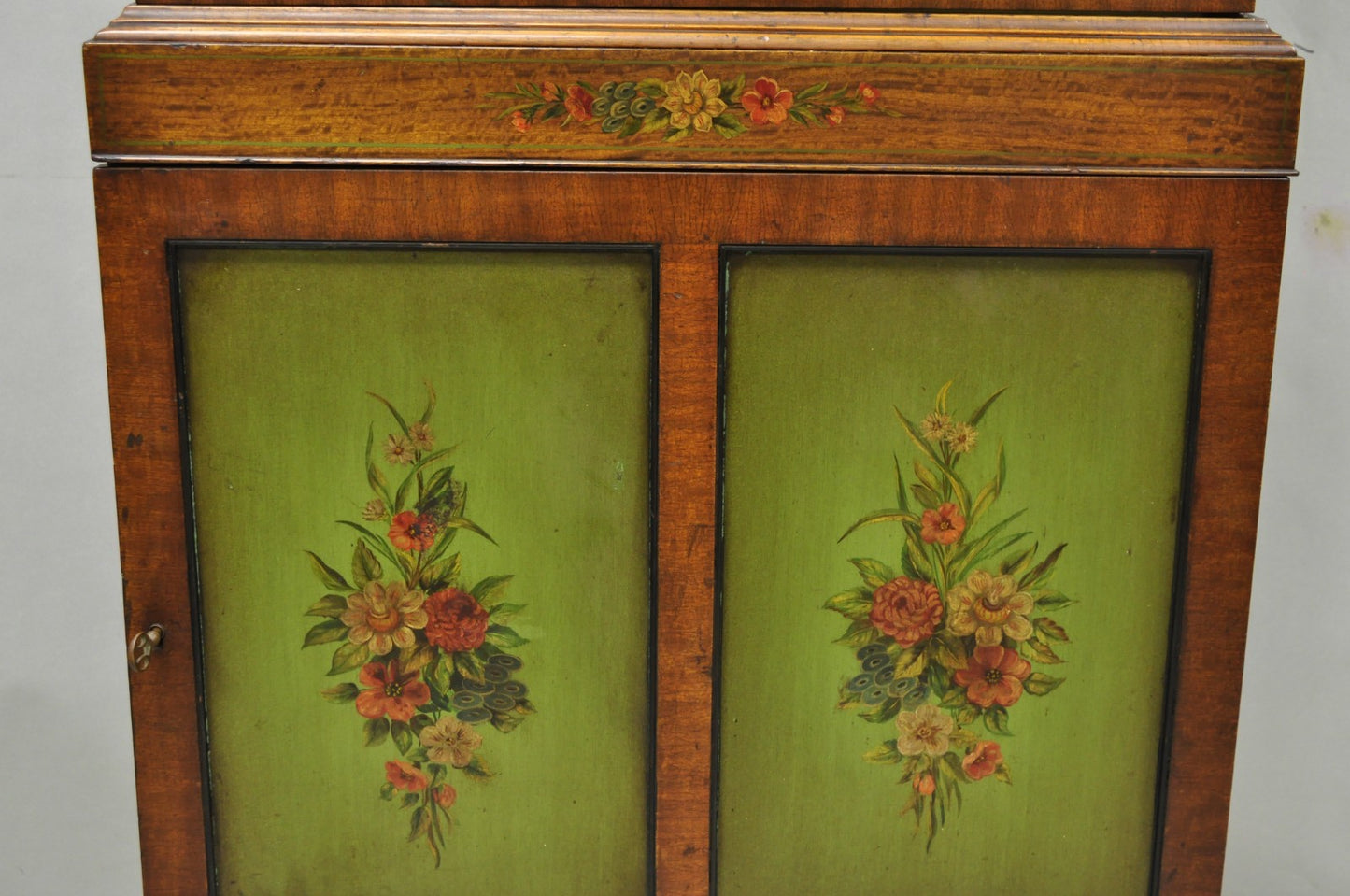 Antique English Adams Style Green Hand Painted Narrow Corner China Cabinet