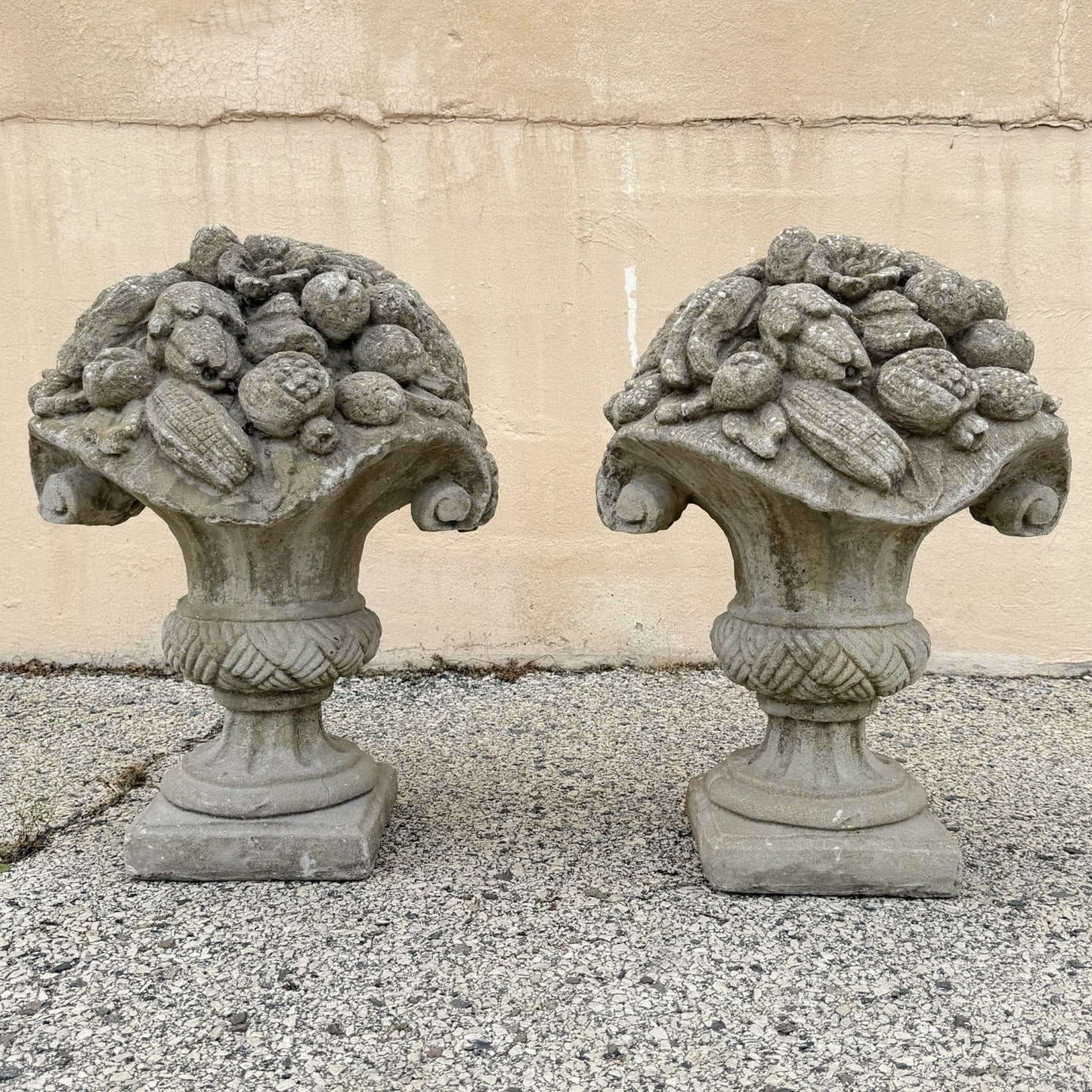 Vintage Cast Cement Stone 26" Fruit & Flower Basket Garden Lawn Ornament - Pair