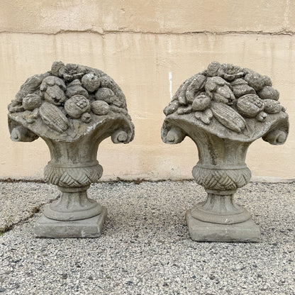 Vintage Cast Cement Stone 26" Fruit & Flower Basket Garden Lawn Ornament - Pair
