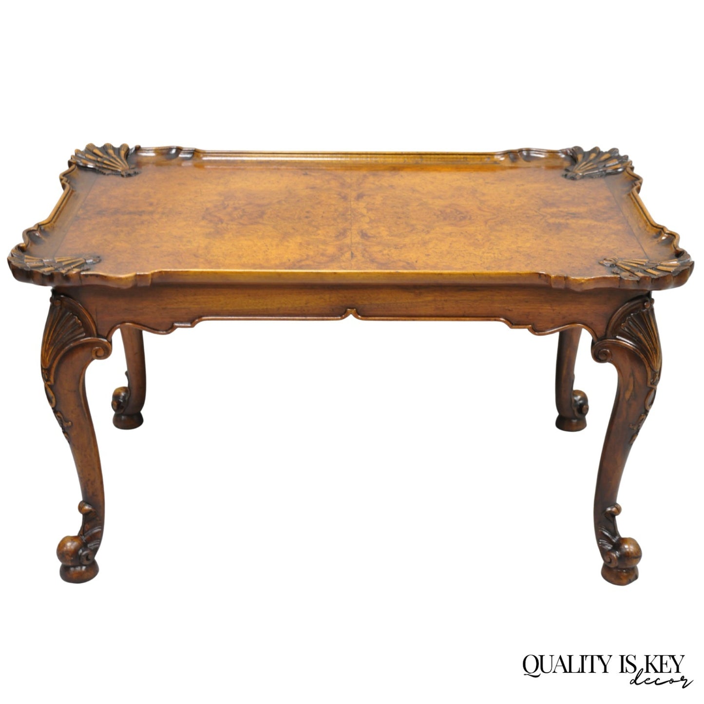Antique English Georgian Style Burl Walnut Shell Carved Scalloped Coffee Table