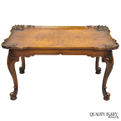 Antique English Georgian Style Burl Walnut Shell Carved Scalloped Coffee Table