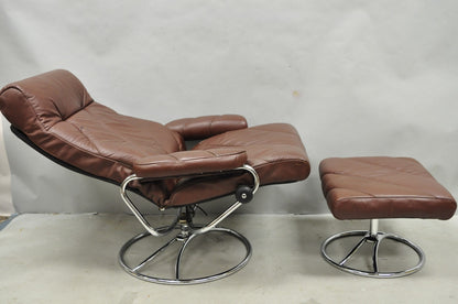 Vintage Ekornes Stressless Brown Leather Reclining Swivel Lounge Chair & Ottoman
