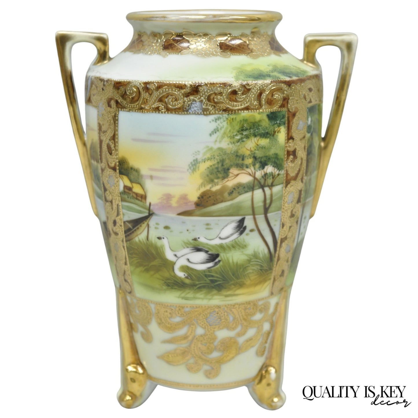 Antique Nippon Hand Painted Porcelain Twin Handled Vase w/ Swan & Lake Scene