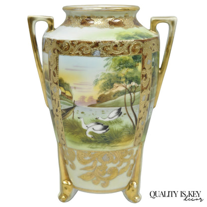 Antique Nippon Hand Painted Porcelain Twin Handled Vase w/ Swan & Lake Scene