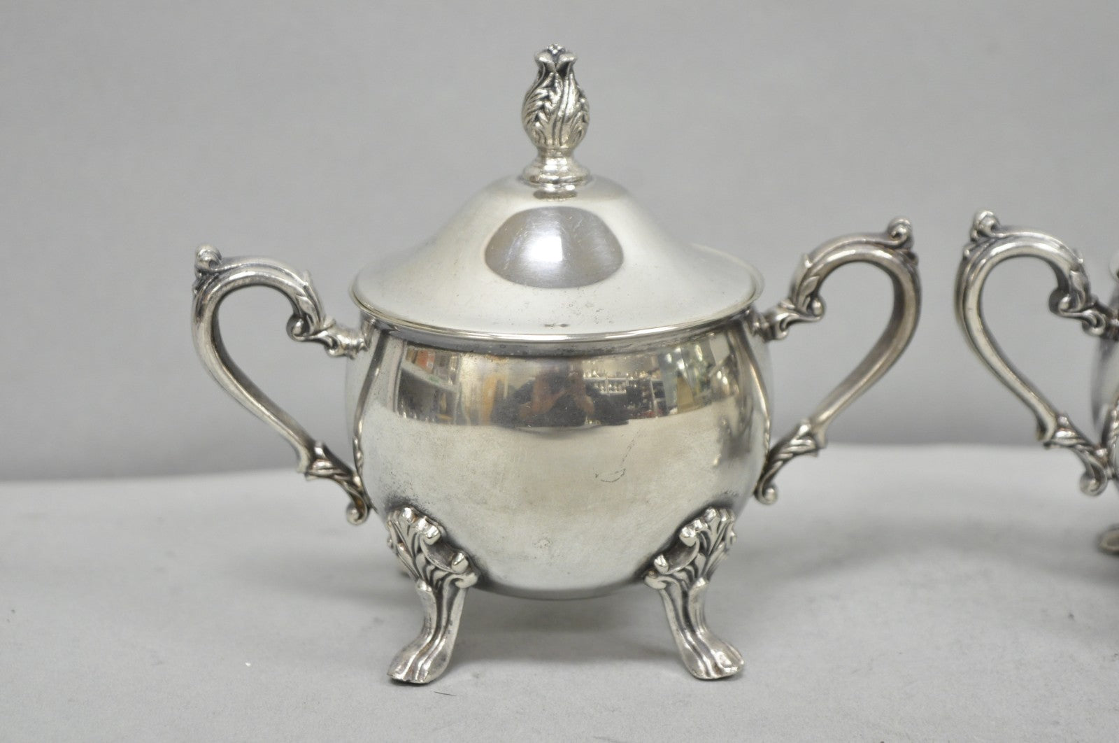 Vintage Sheridan Victorian Silver Plated Footed Lidded Sugar Bowl & Creamer Set