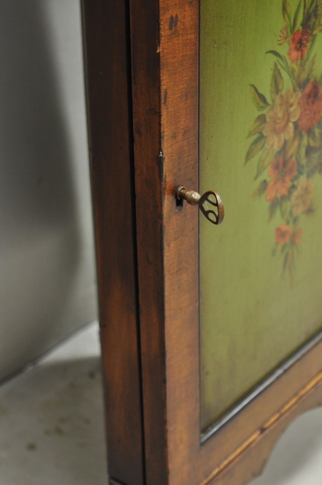 Antique English Adams Style Green Hand Painted Narrow Corner China Cabinet