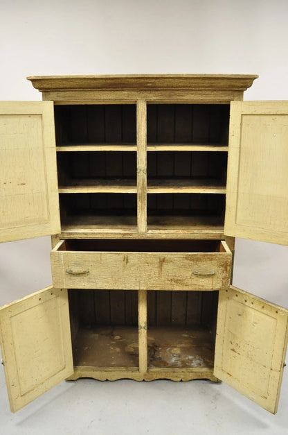 Antique French Country Farmhouse Beige Distressed Paint Kitchen Cupboard Cabinet
