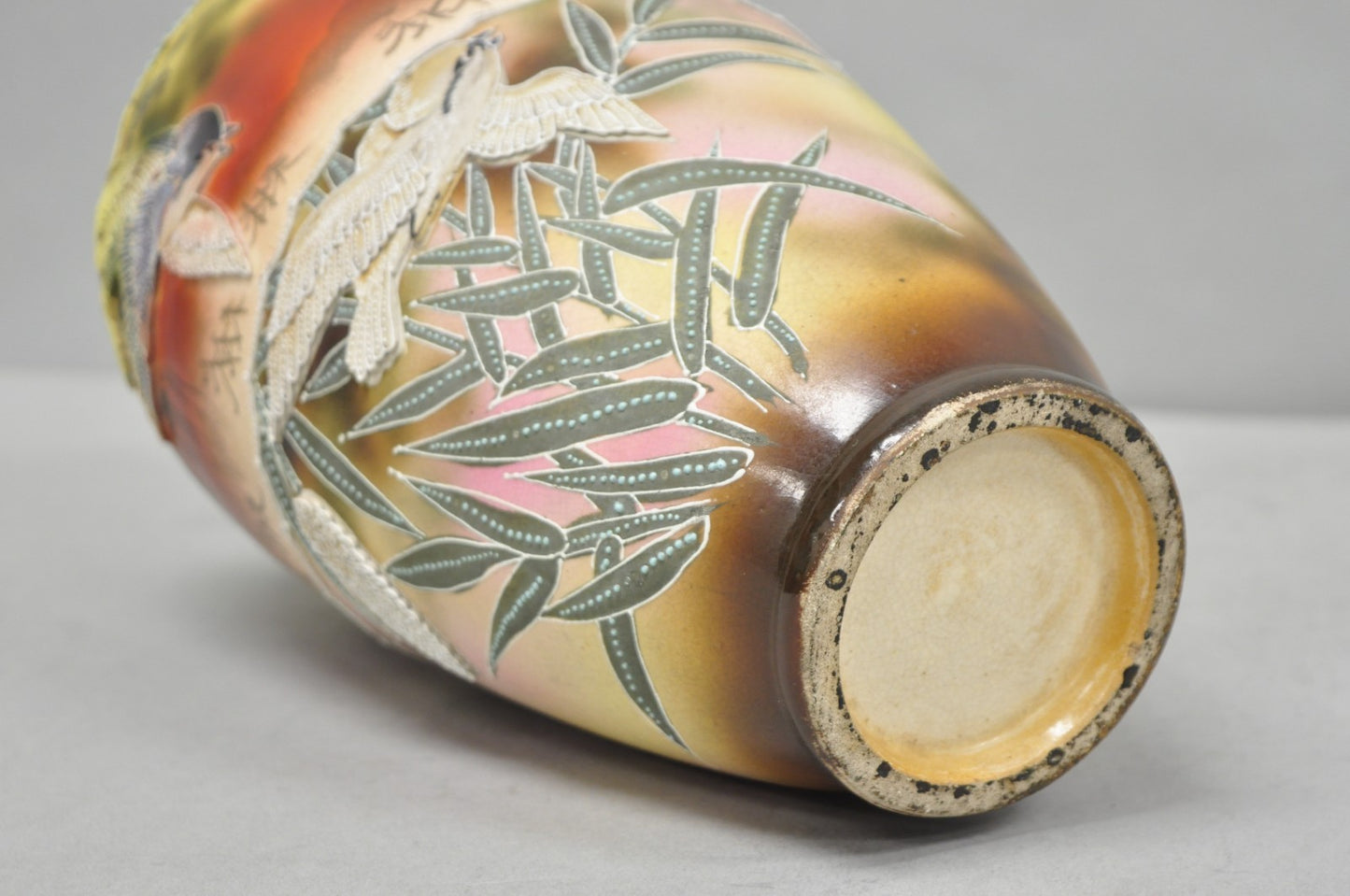 Antique Japanese Heavy Moriage Hand Painted Porcelain Oriental Bird Satsuma Vase