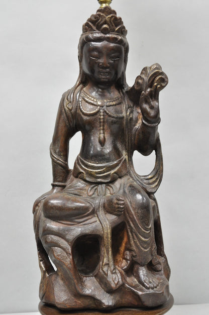 Vintage Buddhist Kuan Yin Brown Ceramic Sculpture Figure Table Lamp w/ Shade