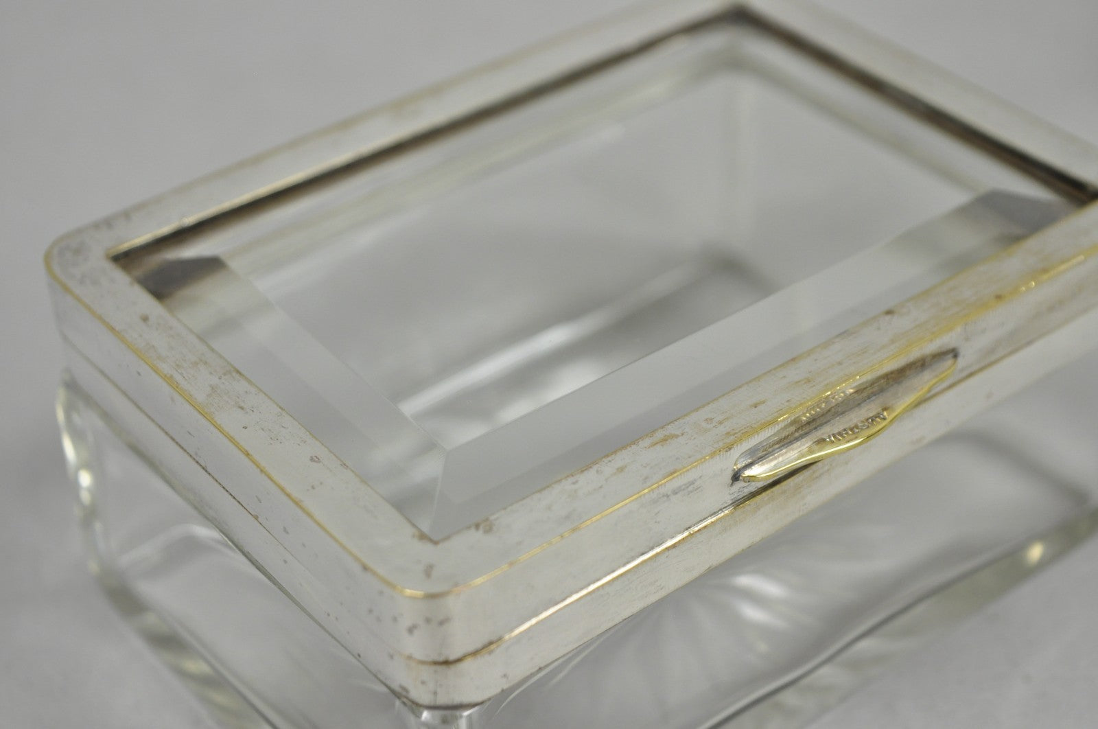 Art Deco Austrian Silver Plated Cut Glass Casket Trinket Box Set w/ Tray - 3 Pcs