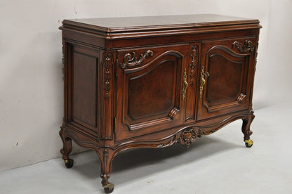 Karges French Louis XV Style Carved Mahogany Wood Dry Bar Rolling Buffet Cabinet