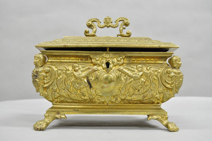 Antique French Renaissance Figural Bronze Casket Jewelry Box with Cherubs