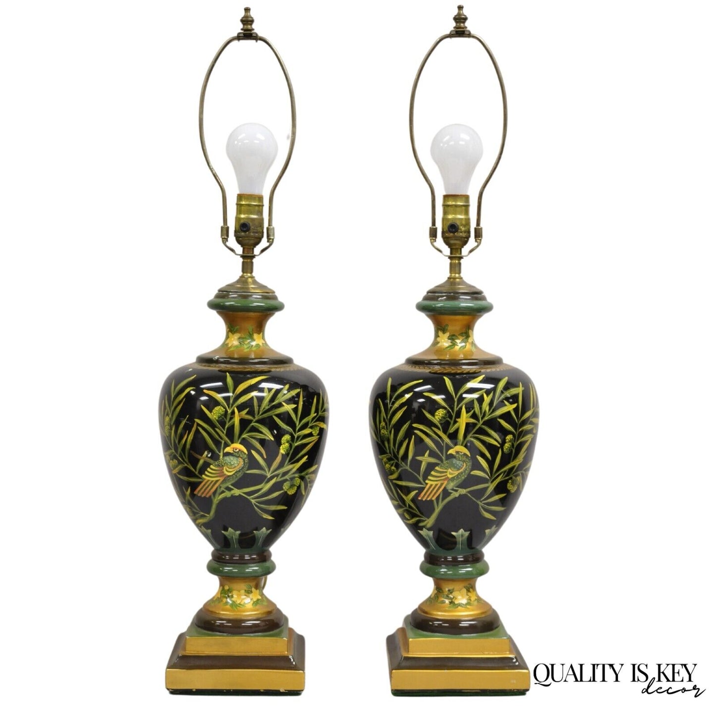 Decorator Hollywood Regency Ceramic Green "Birds of Paradise" Table Lamps - Pair