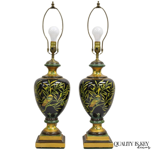 Decorator Hollywood Regency Ceramic Green "Birds of Paradise" Table Lamps - Pair