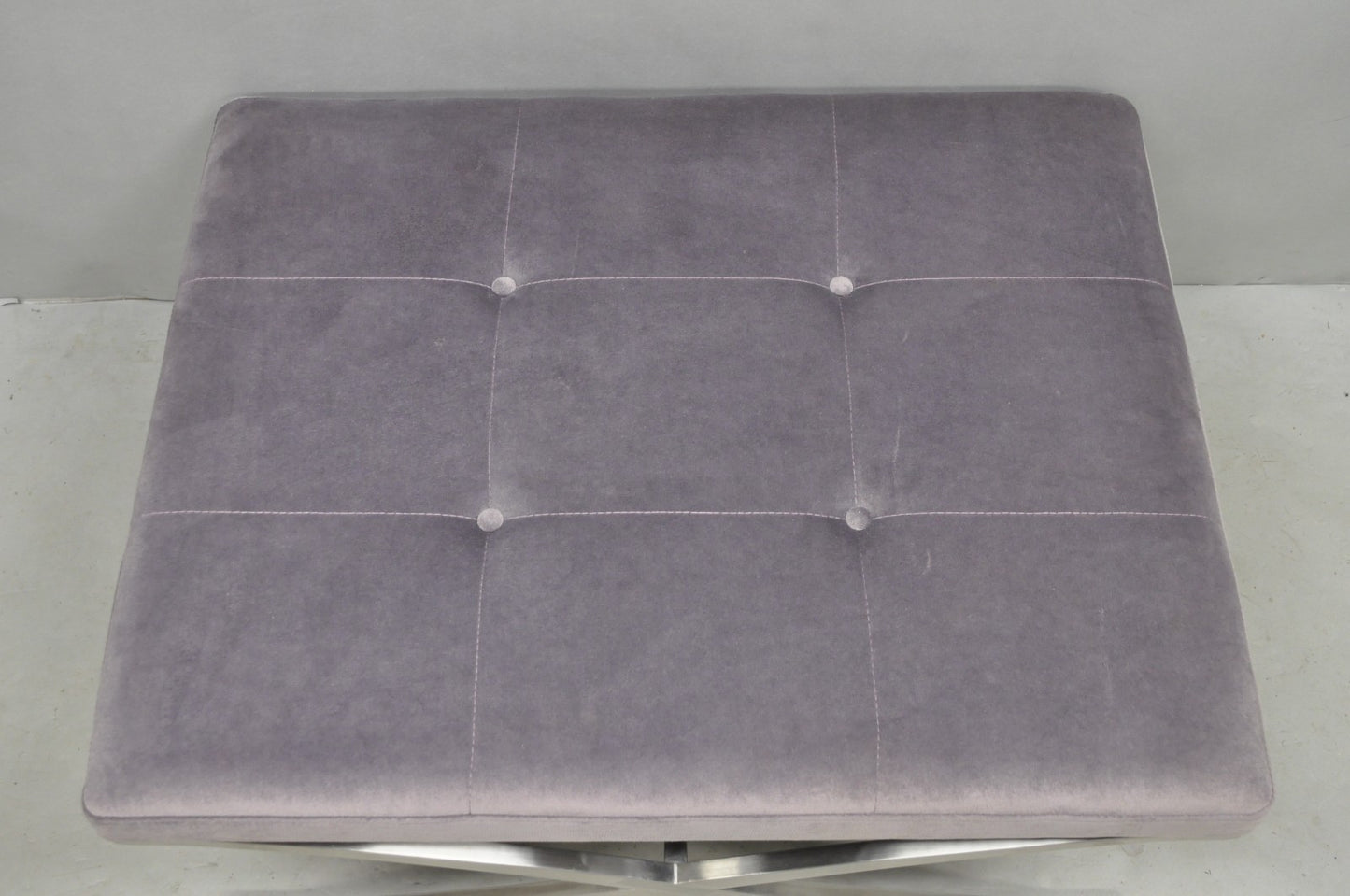 Contemporary Modern Brushed Chrome Frame X-Form Purple Tufted Bench Ottoman