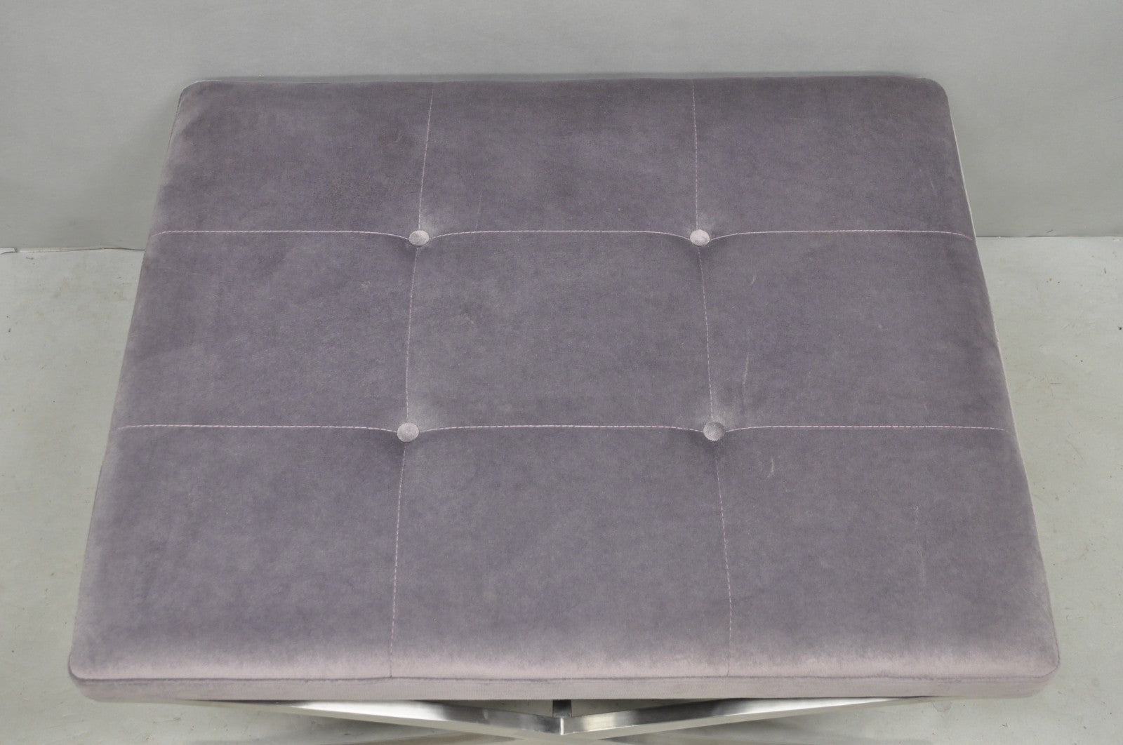 Contemporary Modern Brushed Chrome Frame X-Form Purple Tufted Bench Ottoman