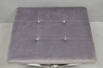 Contemporary Modern Brushed Chrome Frame X-Form Purple Tufted Bench Ottoman