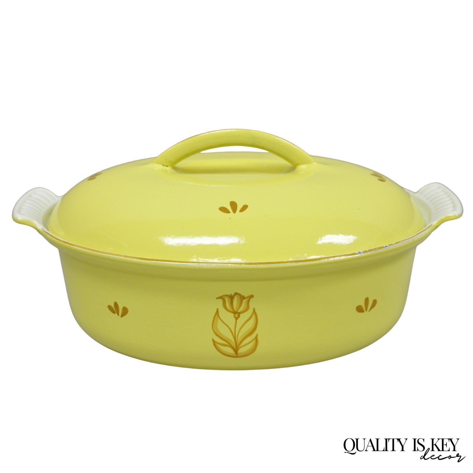 Vintage Dru Holland Yellow Tulip Enameled Cast Iron Dutch Oven Oval Pot