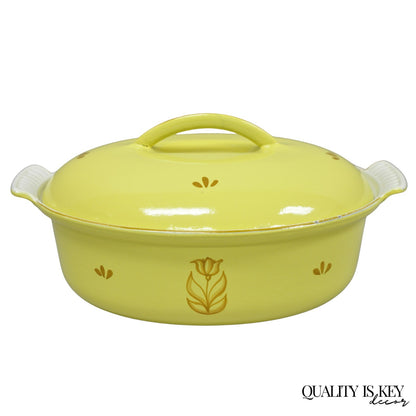 Vintage Dru Holland Yellow Tulip Enameled Cast Iron Dutch Oven Oval Pot