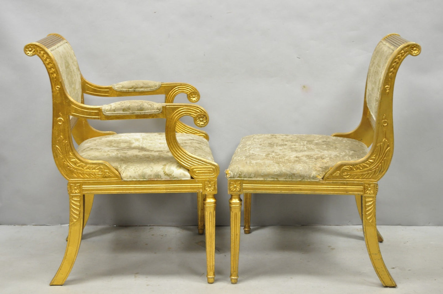 Neoclassical Regency Style Gold Carved Wood Dining Room Chairs - Set of 10