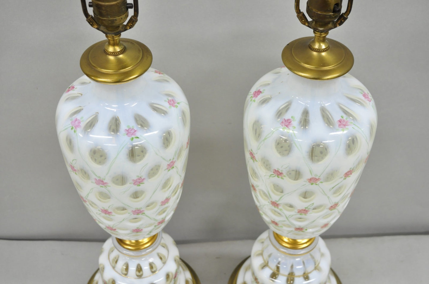 Antique Victorian White Czech Bohemian Rose Pink Painted Table Lamps - a Pair