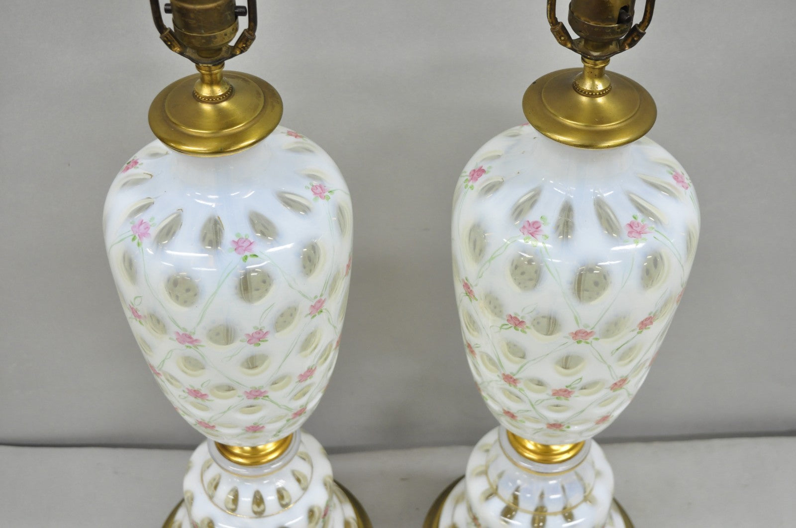 Antique Victorian White Czech Bohemian Rose Pink Painted Table Lamps - a Pair