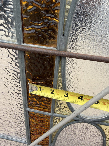 Antique Victorian Amber Stained Leaded Glass Double Window Converted to Door