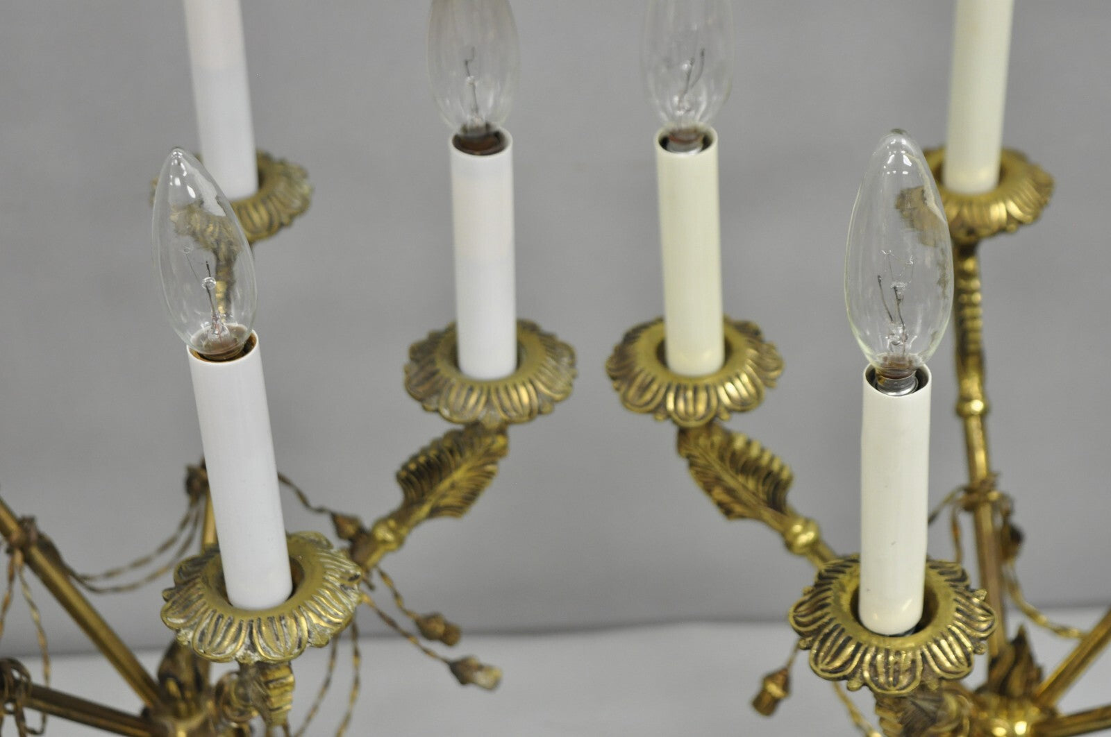 Vintage French Neoclassical Brass "Arrow" Marble Candelabra Table Lamps - a Pair