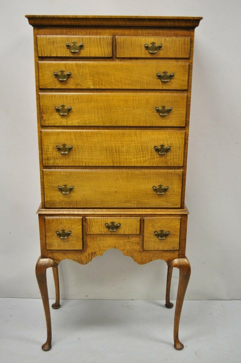 Antique New England Queen Anne Curly Tiger Maple Small Chest Dresser Highboy